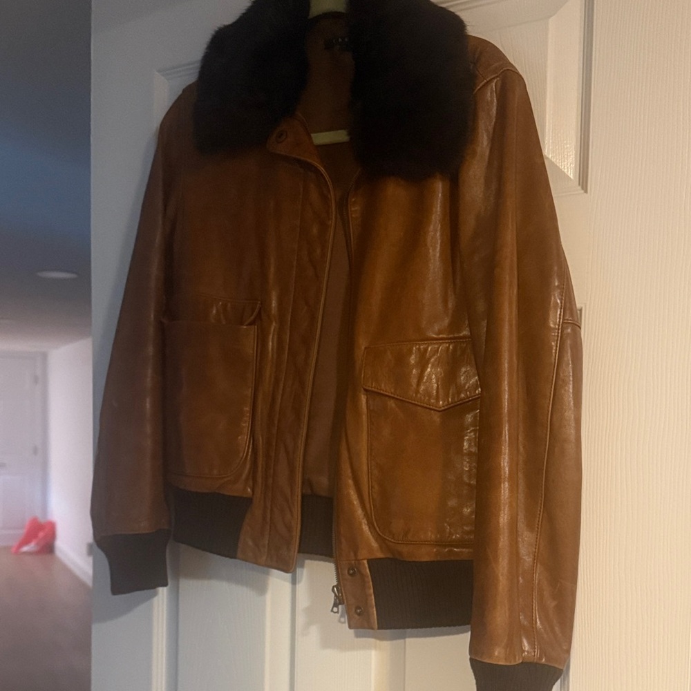 Theory Tan Leather Bomber Jacket with Black Collar
